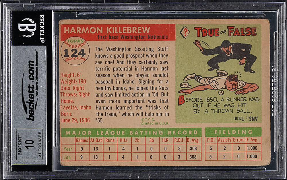 Signed 1955 Topps #124 Harmon Killebrew Rookie Beckett GEM MINT 10 - "HOF 84" Inscription