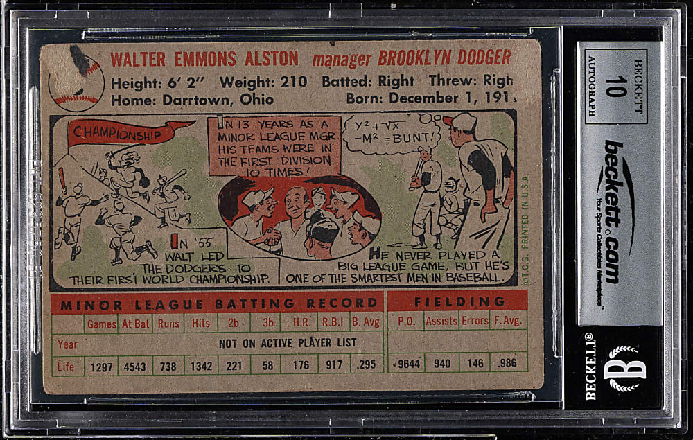 Signed 1956 Topps #8 Walter Alston Gray Back Beckett GEM MINT 10