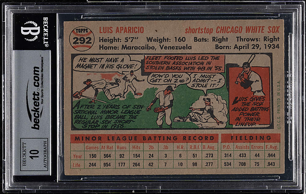 Signed 1956 Topps #292 Luis Aparicio Rookie Beckett GEM MINT 10