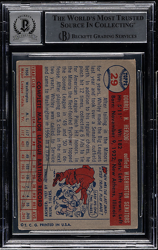 Signed 1957 Topps #29 Whitey Herzog Beckett GEM MINT 10