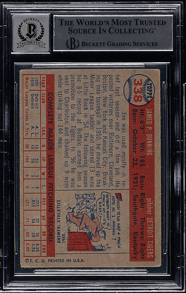 Signed 1957 Topps #338 Jim Bunning Rookie Beckett GEM MINT 10