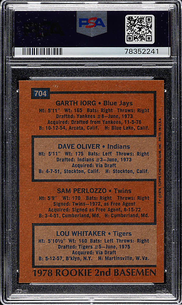 Signed 1978 Topps #704 Lou Whitaker Rookie PSA/DNA GEM MINT 10