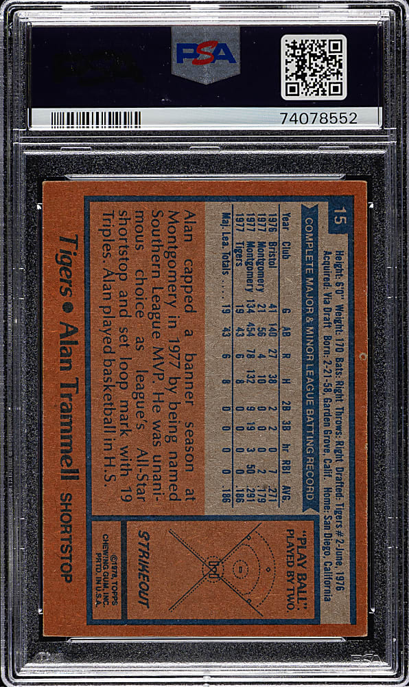 Signed 1978 Topps Burger King #15 Alan Trammell Rookie PSA/DNA GEM MINT 10 - "HOF 2018" Inscription