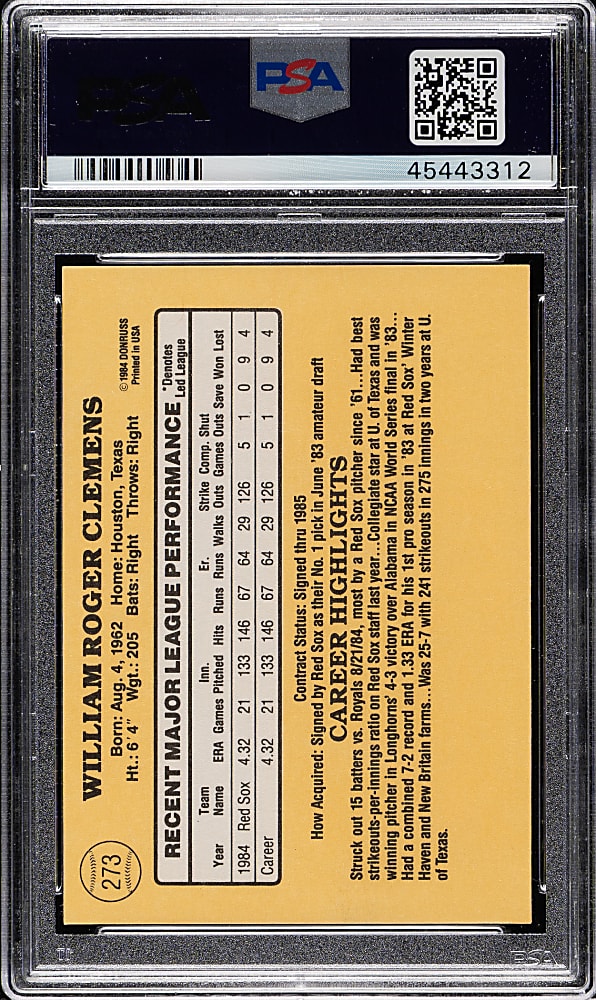 Signed 1985 Donruss #273 Roger Clemens Rookie PSA MINT 9 with GEM MINT 10 Signature