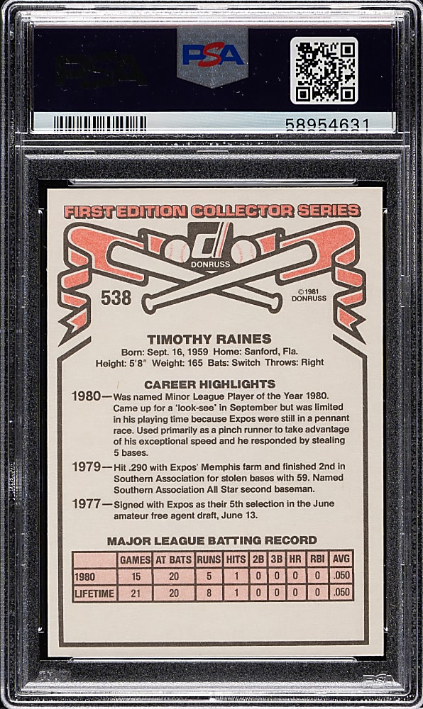 Signed 1981 Donruss #538 Tim Raines Rookie PSA MINT 9 with GEM MINT 10 Signature