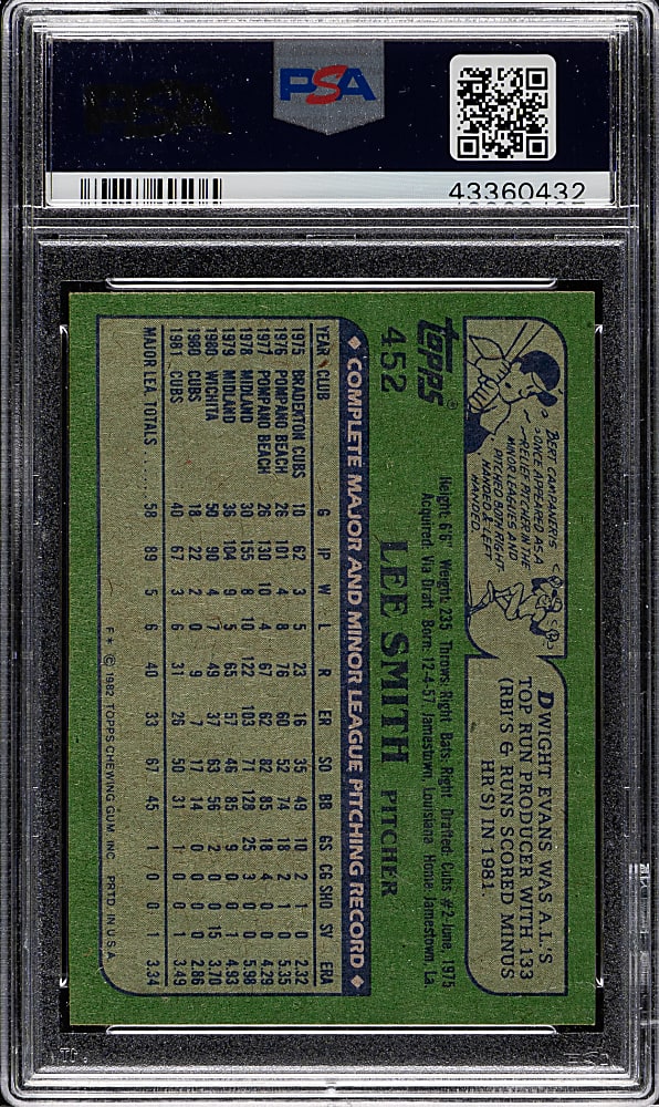 Signed 1982 Topps #452 Lee Smith Rookie PSA NM-MT 8 with GEM MINT 10 Signature