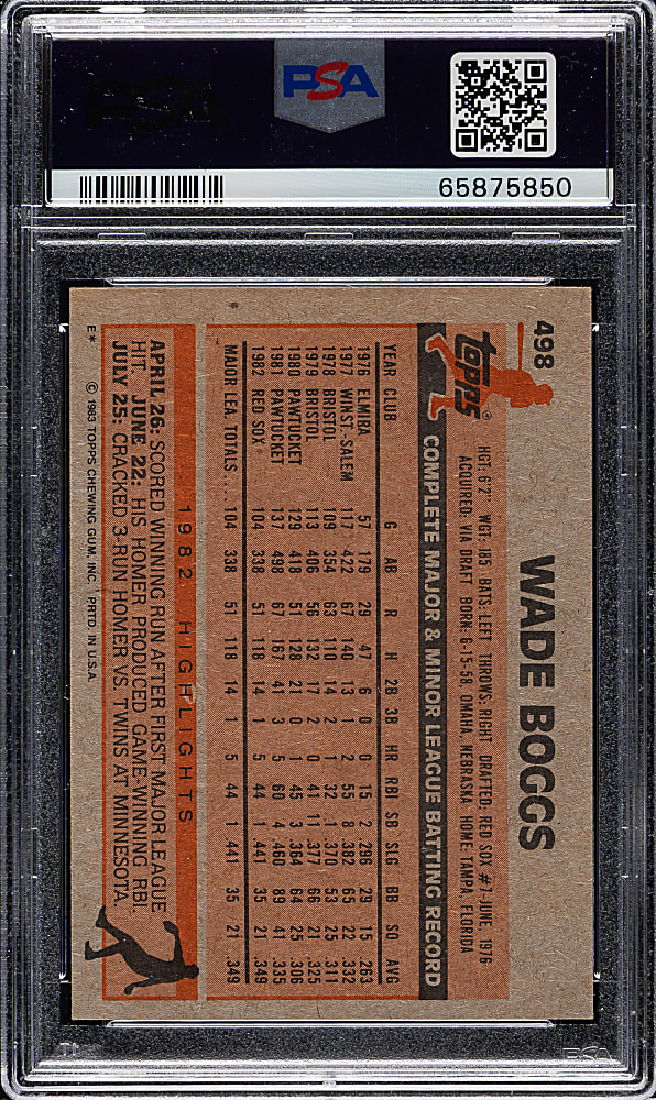 Signed 1983 Topps #498 Wade Boggs Rookie PSA/DNA GEM MINT 10