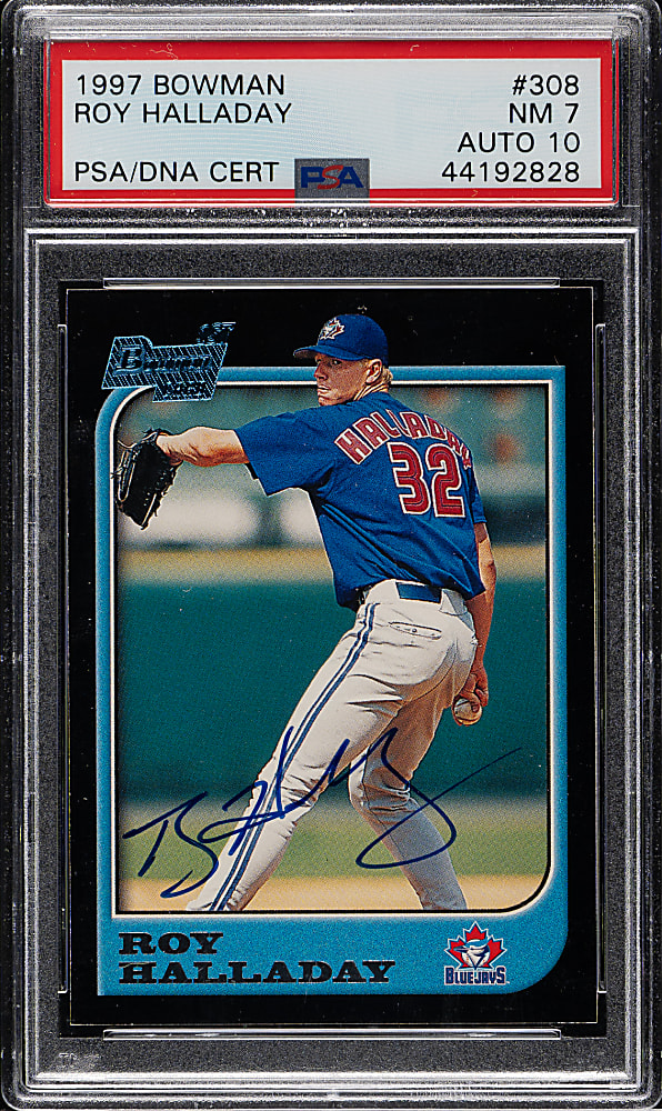 Signed 1997 Bowman #308 Roy Halladay Rookie PSA NM 7 with GEM MINT 10 Signature