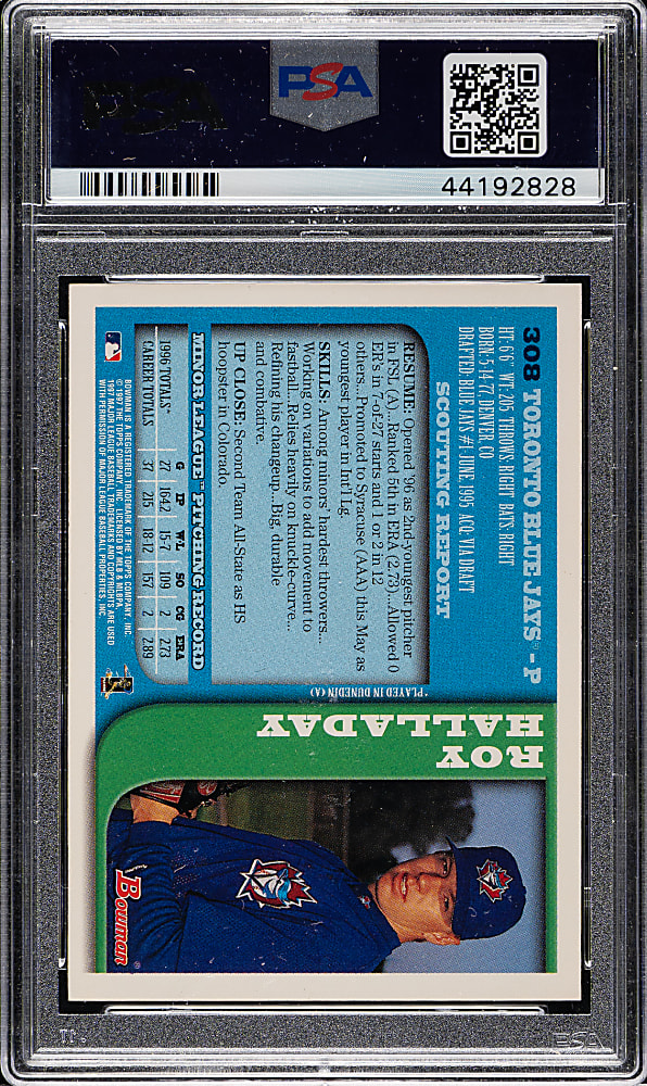 Signed 1997 Bowman #308 Roy Halladay Rookie PSA NM 7 with GEM MINT 10 Signature