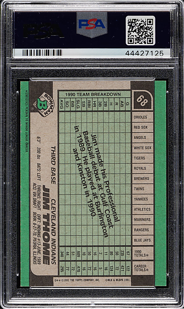 Signed 1991 Bowman #68 Jim Thome Rookie PSA/DNA GEM MINT 10