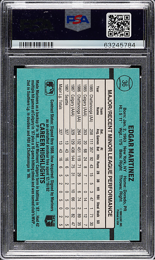 Signed 1988 Donruss Rookies #36 Edgar Martinez Rookie PSA MINT 9 with GEM MINT 10 Signature