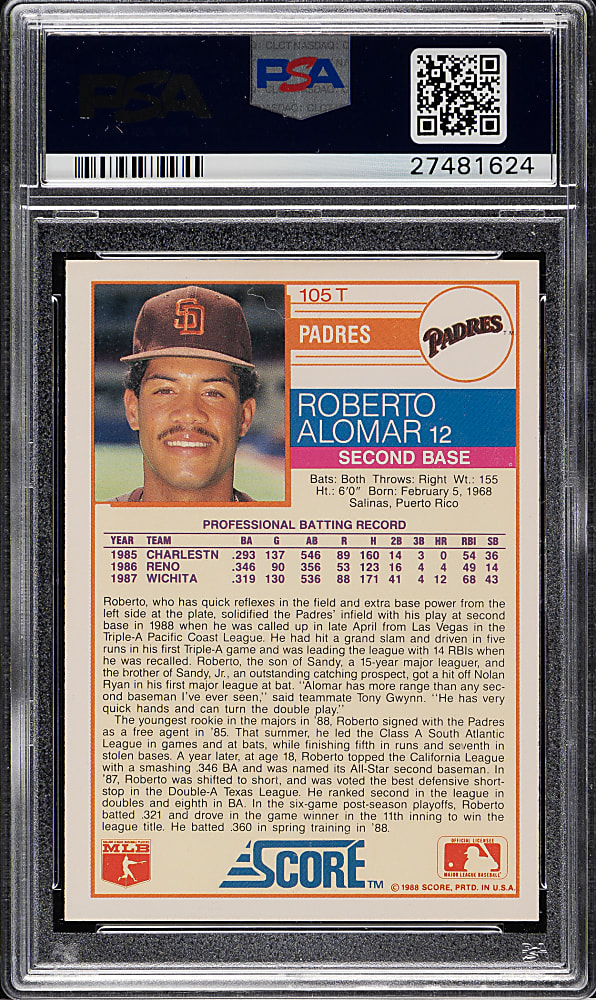 Signed 1988 Score Traded #105T Robeto Alomar Rookie PSA/DNA GEM MINT 10