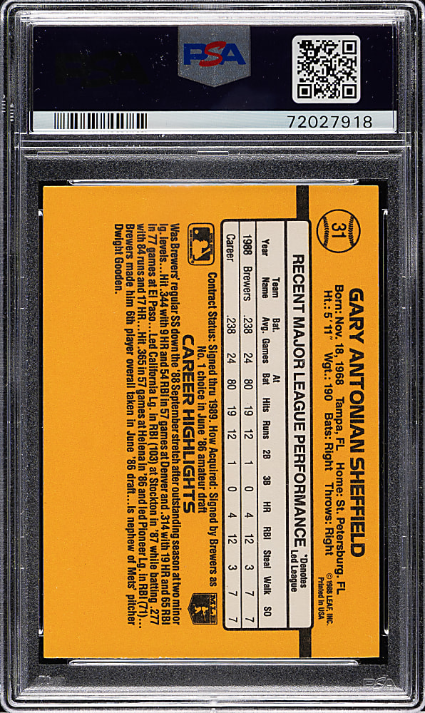 Signed 1989 Donruss #31 Gary Sheffield Rookie PSA MINT 9 with GEM MINT 10 Signature