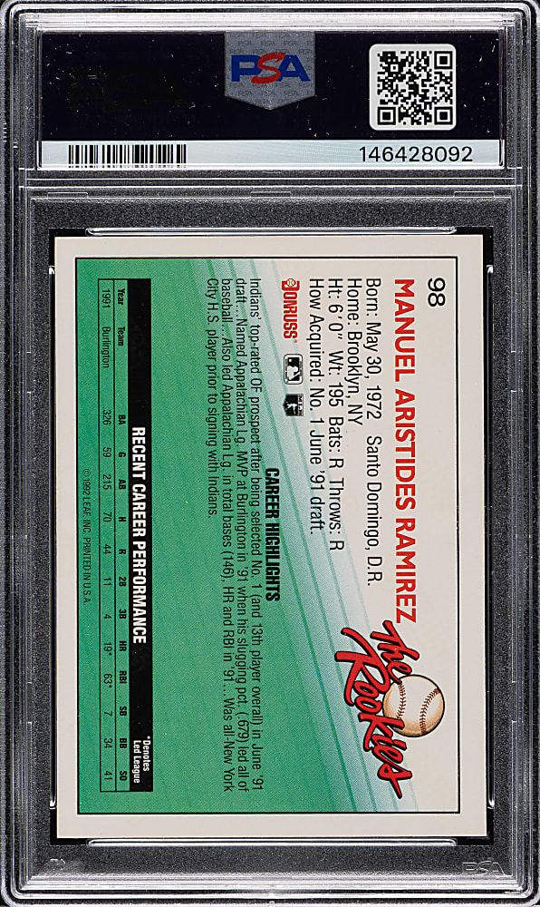 Signed 1992 Donruss Rookies #98 Manny Ramirez Rookie PSA/DNA GEM MINT 10