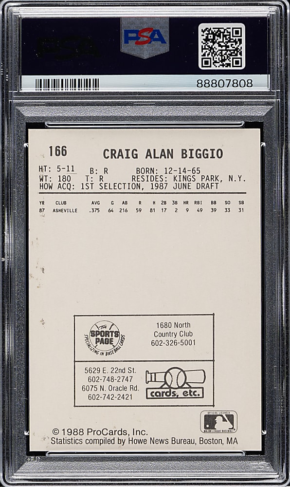 Signed 1988 ProCards Tucson Toros #166 Craig Biggio Pre-Rookie PSA/DNA GEM MINT 10