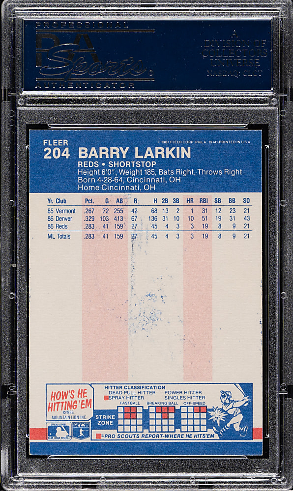 Signed 1987 Fleer #204 Barry Larkin Rookie PSA/DNA GEM MINT 10