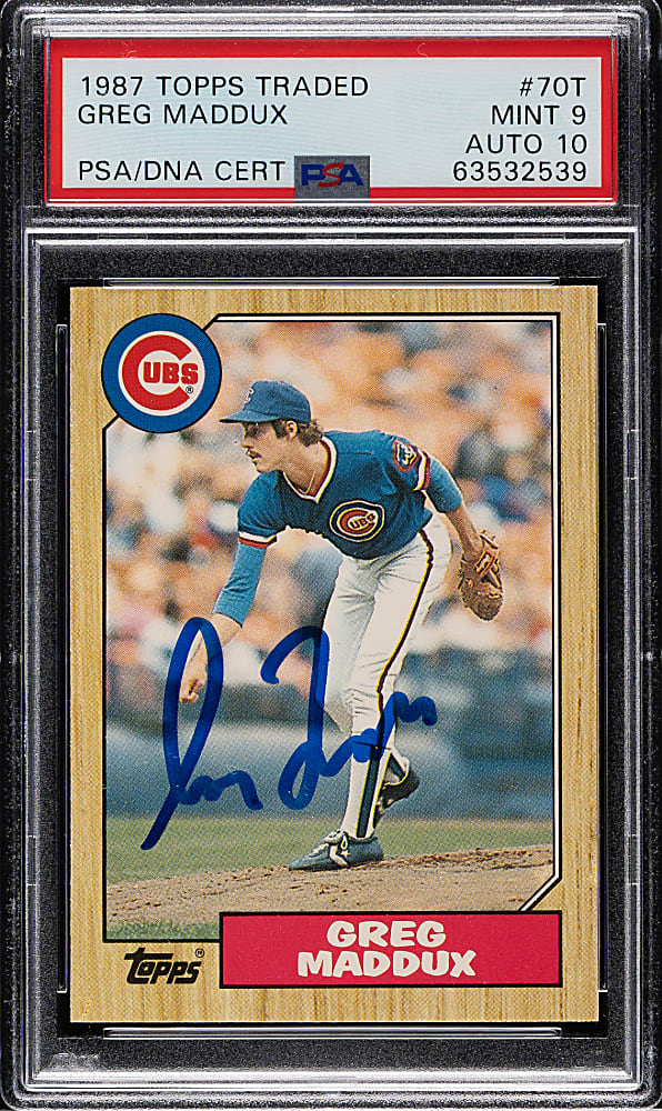 Signed 1987 Topps Traded #70T Greg Maddux Rookie PSA MINT 9 with GEM MINT 10 Signature