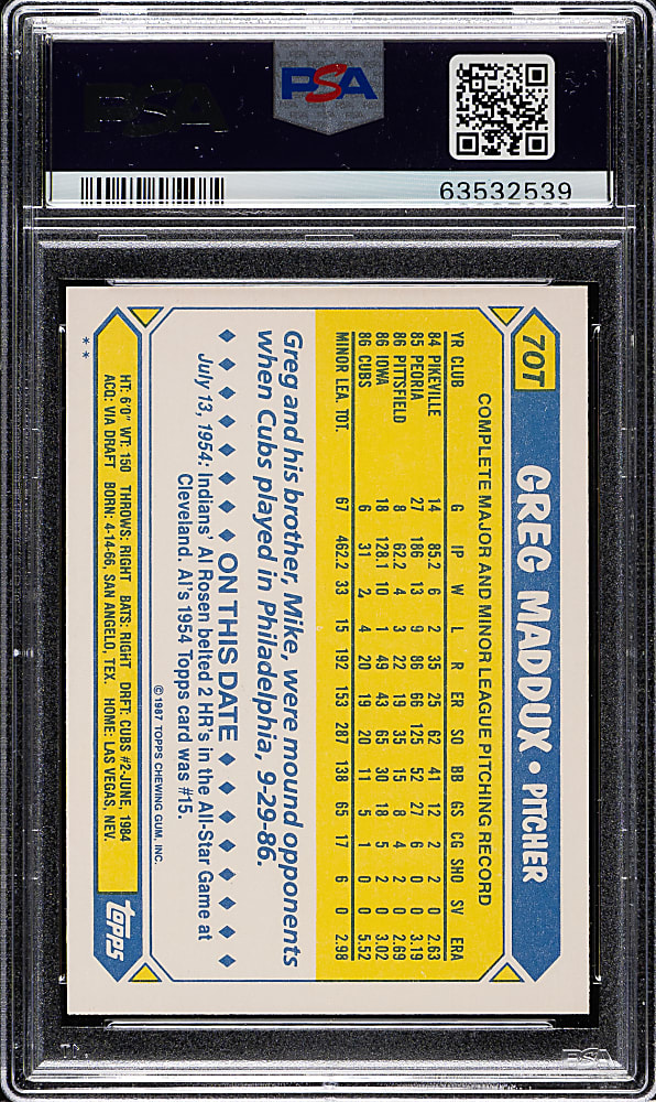 Signed 1987 Topps Traded #70T Greg Maddux Rookie PSA MINT 9 with GEM MINT 10 Signature