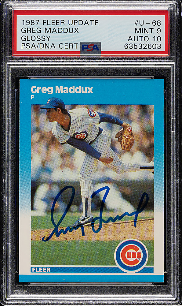 Signed 1987 Fleer Update Glossy #U-68 Greg Maddux Rookie PSA MINT 9 with GEM MINT 10 Signature