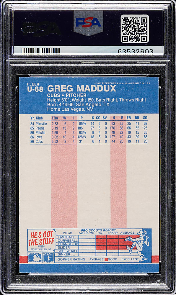 Signed 1987 Fleer Update Glossy #U-68 Greg Maddux Rookie PSA MINT 9 with GEM MINT 10 Signature