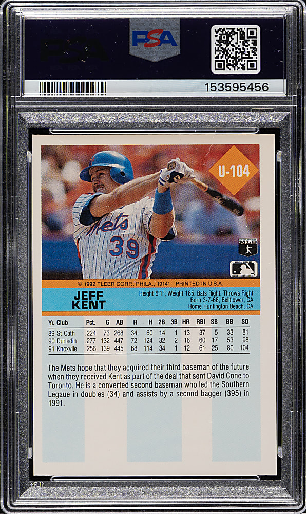 Signed 1992 Fleer Update #U-104 Jeff Kent Rookie PSA/DNA GEM MINT 10