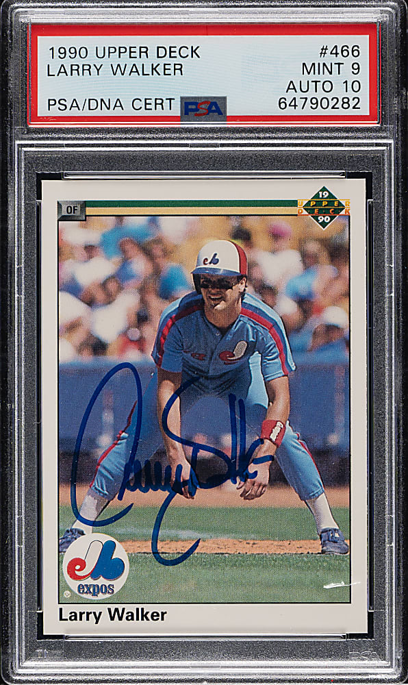 Signed 1990 Upper Deck #466 Larry Walker Rookie PSA MINT 9 with GEM MINT 10 Signature