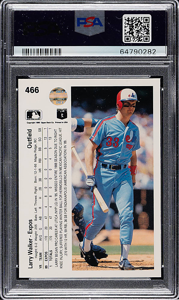 Signed 1990 Upper Deck #466 Larry Walker Rookie PSA MINT 9 with GEM MINT 10 Signature