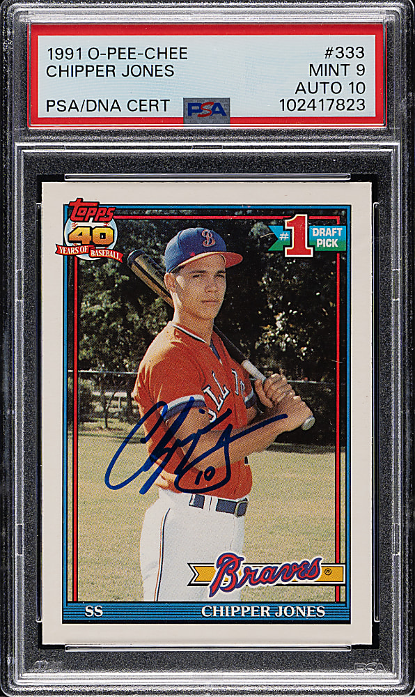 Signed 1991 O-Pee-Chee #333 Chipper Jones Rookie PSA MINT 9 with GEM MINT 10 Signature