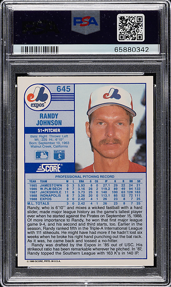 Signed 1989 Score #645 Randy Johnson Rookie PSA/DNA GEM MINT 10