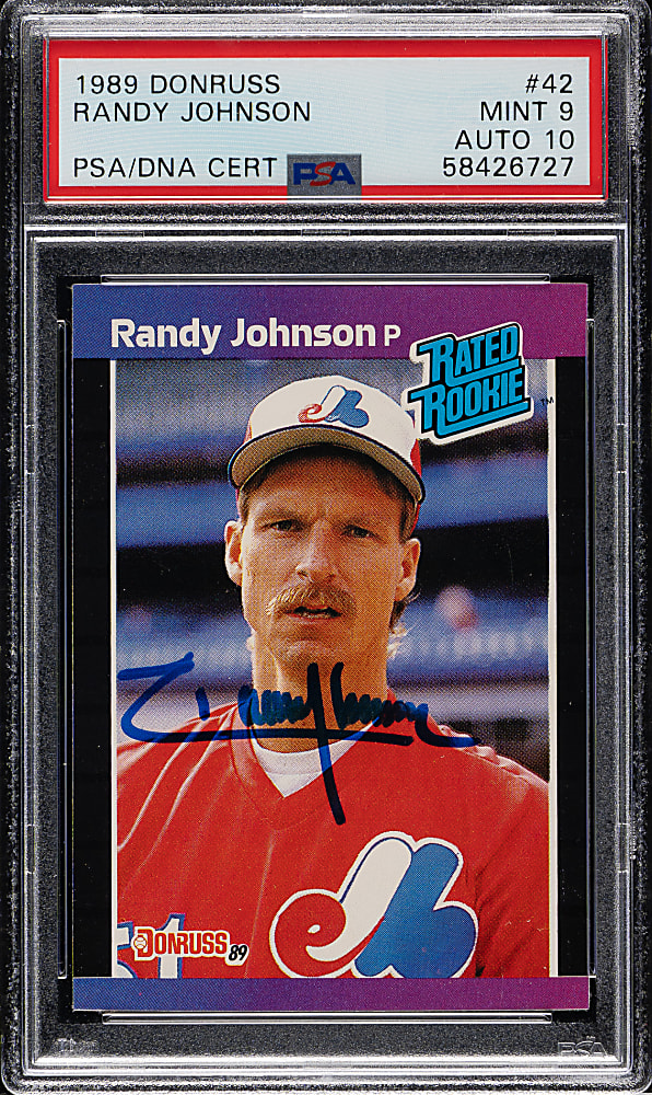 Signed 1989 Donruss #42 Randy Johnson Rookie PSA MINT 9 with GEM MINT 10 Signature