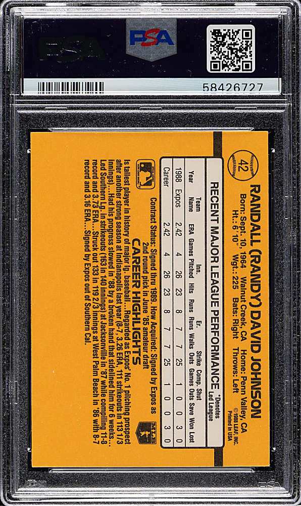 Signed 1989 Donruss #42 Randy Johnson Rookie PSA MINT 9 with GEM MINT 10 Signature
