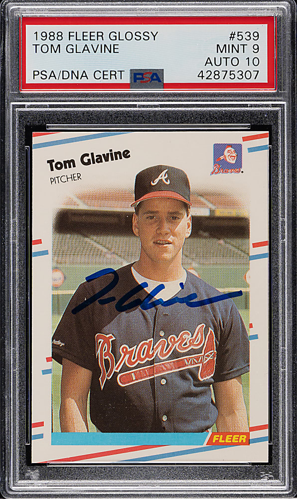 Signed 1988 Fleer Glossy #539 Tom Glavine Rookie PSA MINT 9 with GEM MINT 10 Signature