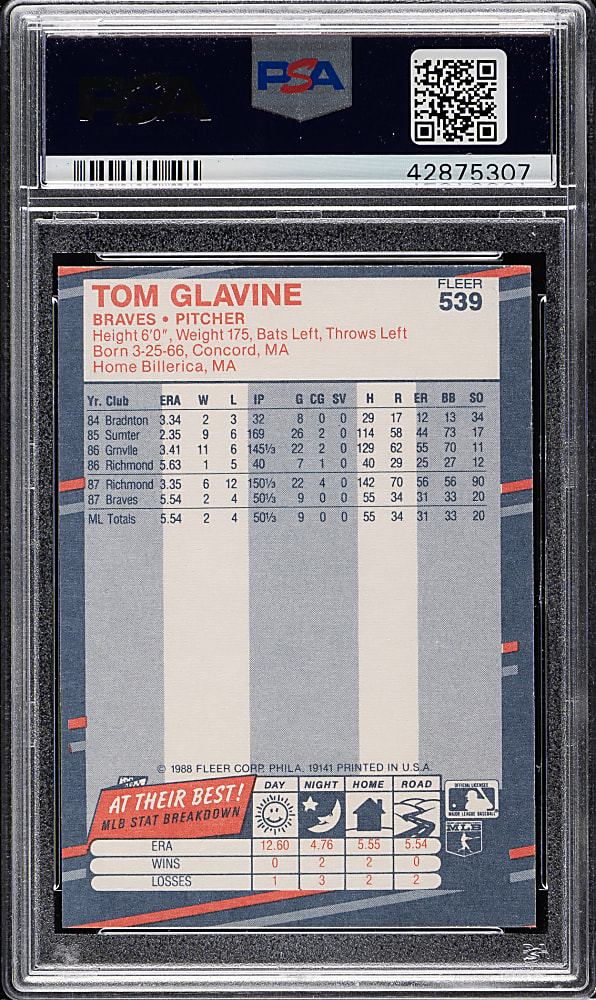 Signed 1988 Fleer Glossy #539 Tom Glavine Rookie PSA MINT 9 with GEM MINT 10 Signature