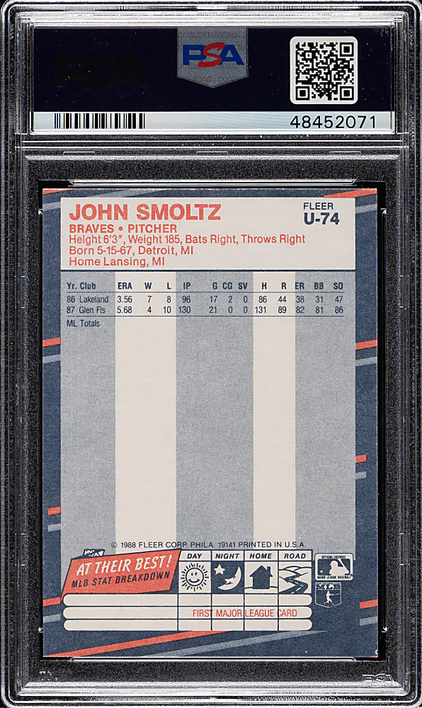Signed 1988 Fleer Update #U-74 John Smoltz Rookie PSA MINT 9 with GEM MINT 10 Signature