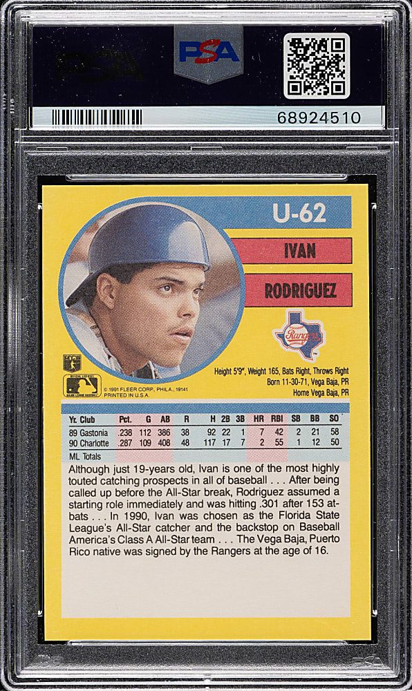 Signed 1991 Fleer Update #U-62 Ivan Rodriguez Rookie PSA/DNA GEM MINT 10