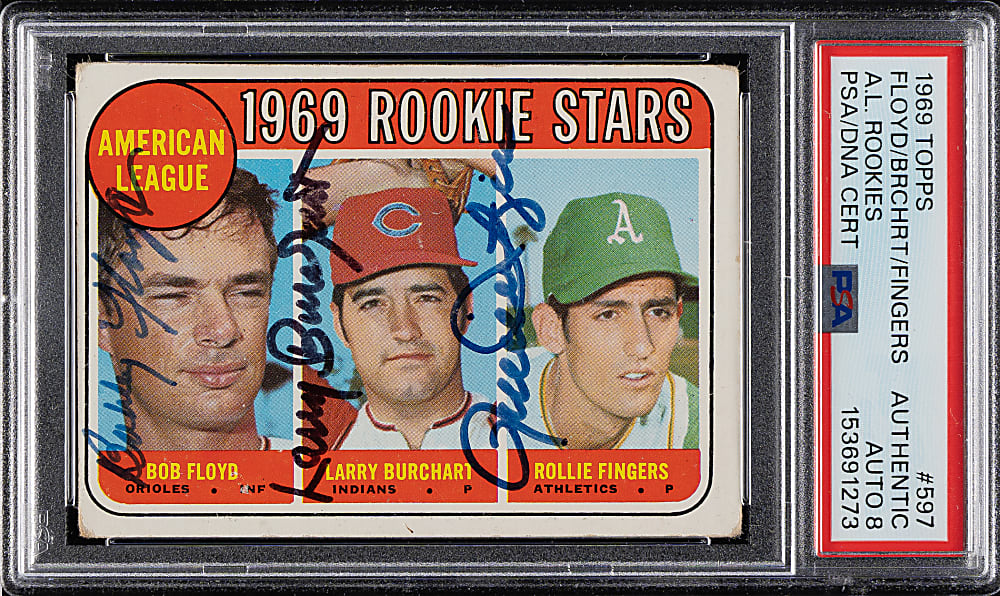 Signed 1969 Topps #597 Rollie Fingers Rookie PSA/DNA NM-MT 8 - Signed by All Three Players!