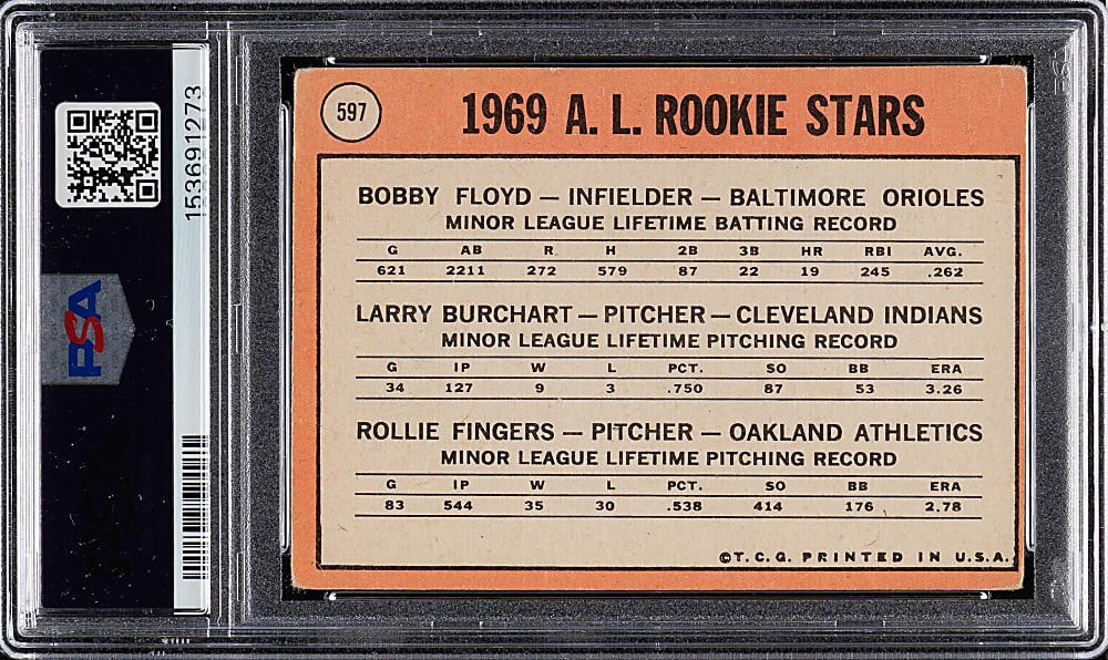 Signed 1969 Topps #597 Rollie Fingers Rookie PSA/DNA NM-MT 8 - Signed by All Three Players!