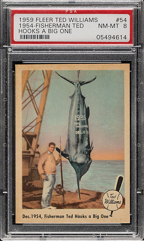 1959 Fleer Ted Williams #54 "Fisherman Ted Hooks A Big One" PSA NM-MT 8