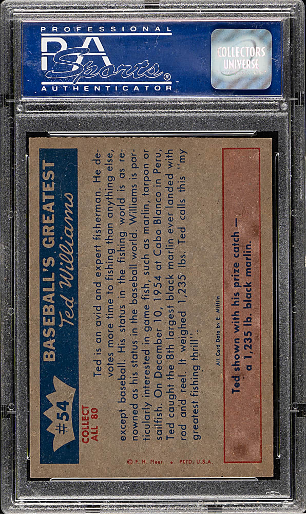 1959 Fleer Ted Williams #54 "Fisherman Ted Hooks A Big One" PSA NM-MT 8