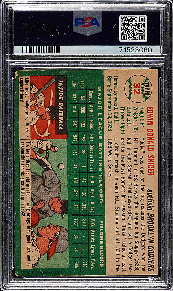 1954 Topps #32 Duke Snider PSA VG 3