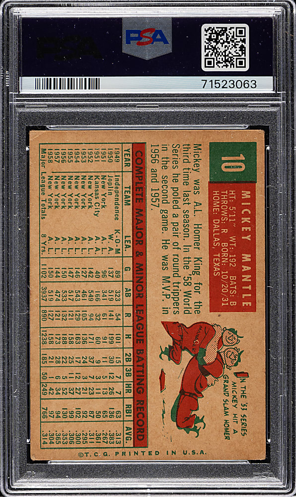 1959 Topps #10 Mickey Mantle PSA VG+ 3.5