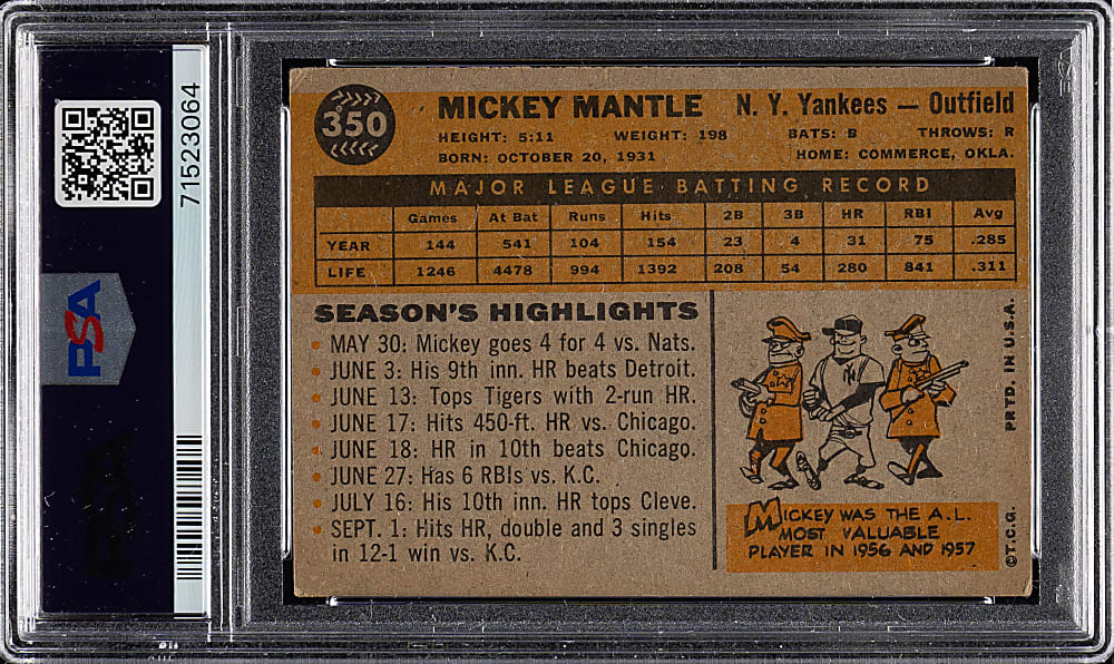 1960 Topps #350 Mickey Mantle PSA VG 3