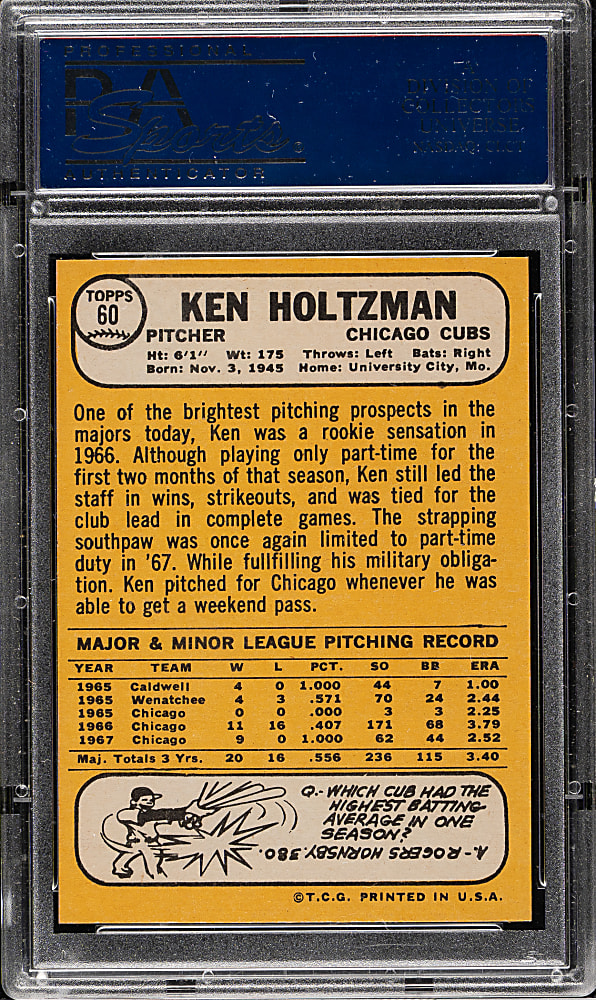 1968 Topps #60 Ken Holtzman PSA MINT 9