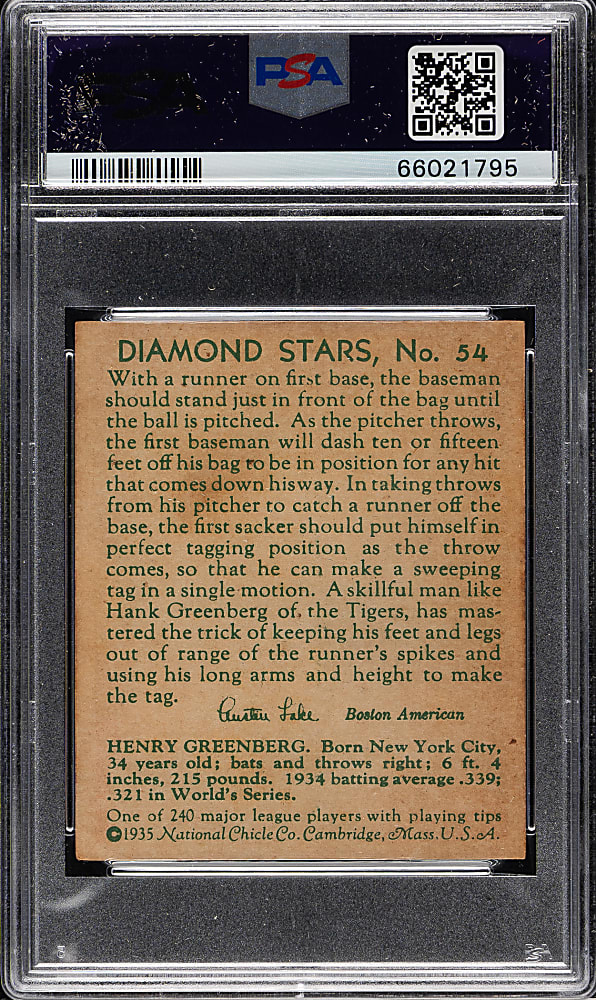 1934-1936 R327 Diamond Stars #54 Hank Greenberg PSA VG-EX 4