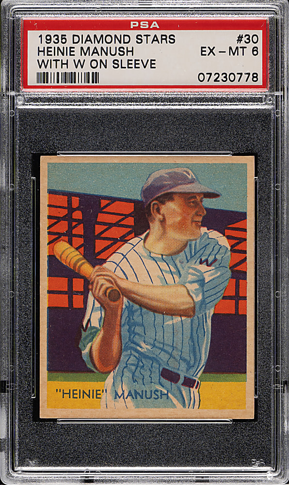 1934-1936 R327 Diamond Stars #30 Heinie Manush with W on Sleeve (1935 Green Back) PSA EX-MT 6