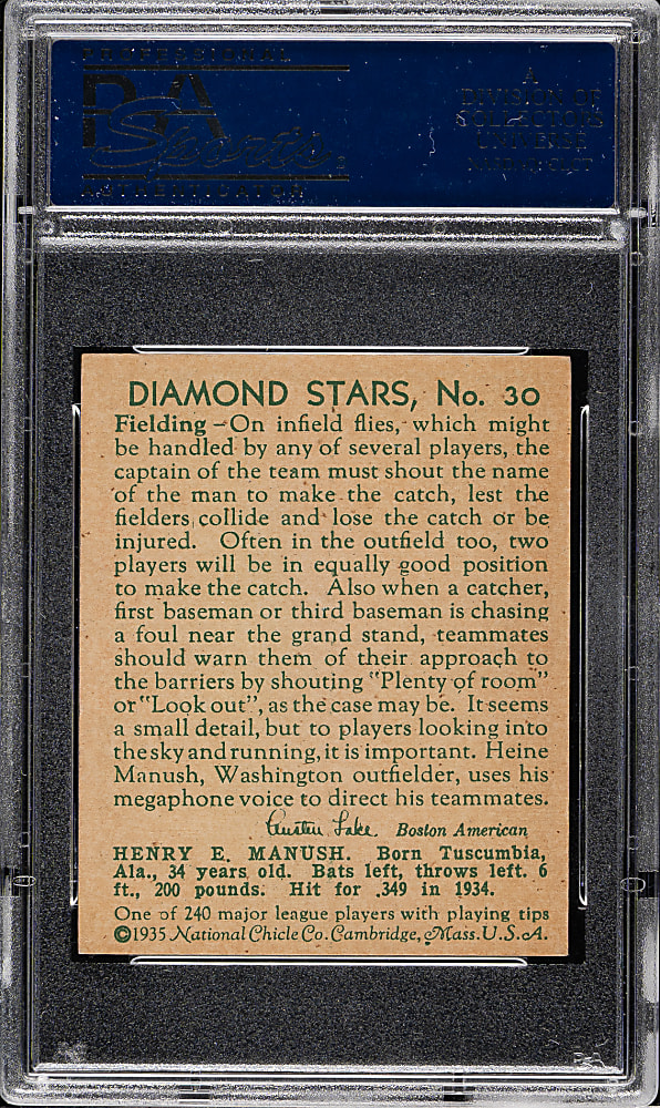 1934-1936 R327 Diamond Stars #30 Heinie Manush with W on Sleeve (1935 Green Back) PSA EX-MT 6