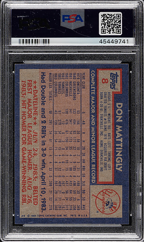 1984 Topps #8 Don Mattingly Rookie PSA MINT 9