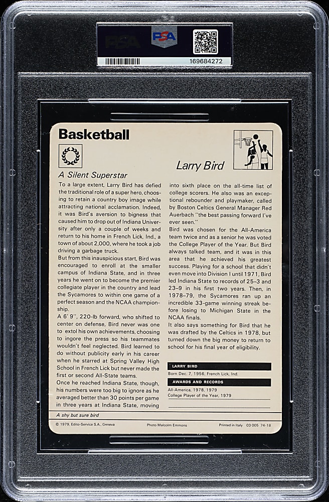 1977-1979 Sportscaster Italy Basketball #74-18 Larry Bird Rookie PSA NM-MT 8