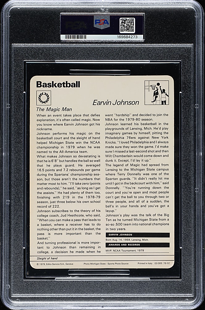 1977-1979 Sportscaster Italy Basketball #78-02 Magic Johnson Rookie PSA NM-MT 8