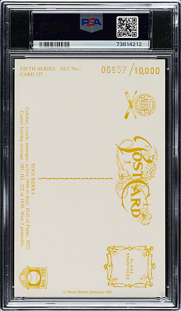 Signed 1981 Perez-Steele Hall of Fame Postcard Yogi Berra PSA/DNA GEM MINT 10